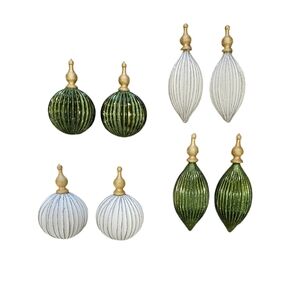 🚨Green & White Glitter Fancy Finial Globe Shatterproof Ornaments Set of 8